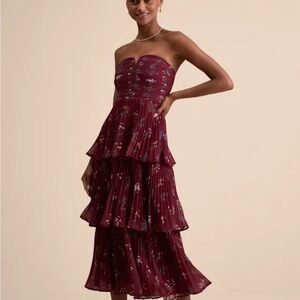 Lulu's Hadelyn Wine Red Floral Pleated Tiered Midi Dress